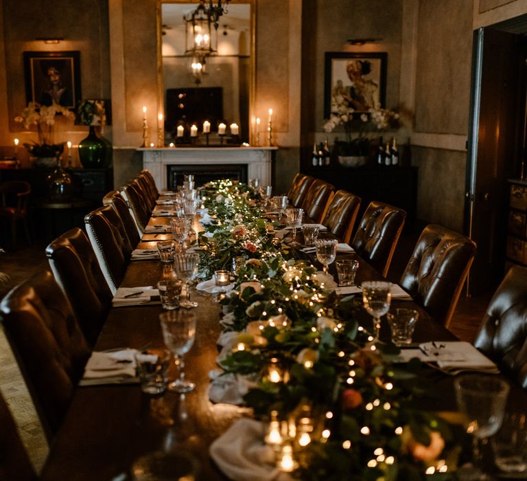 Festive December wedding breakfast with fairy lights and pampas grass 