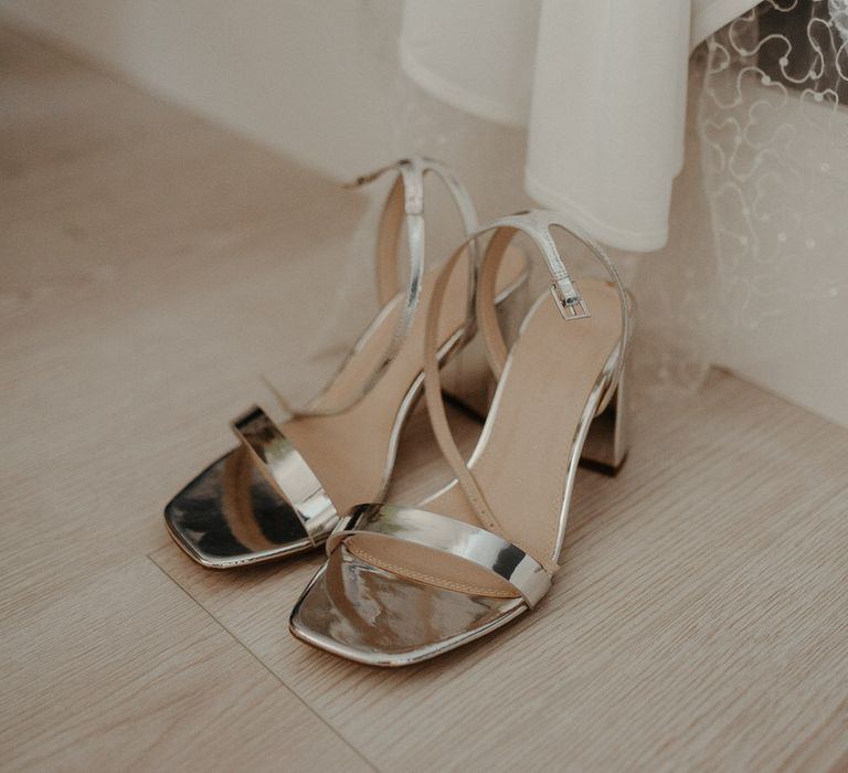 Strappy silver wedding heels