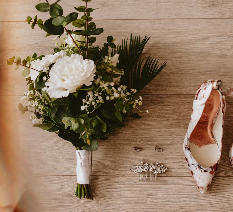 Ted Baker floral wedding shoes, diamanté hair clip and white and green wedding bouquet 