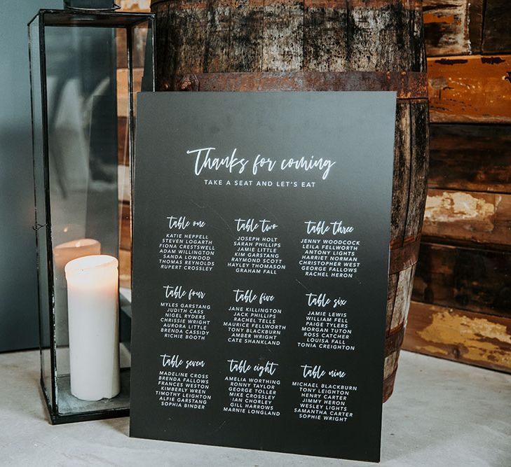 Contemporary black with white font wedding seating chart 