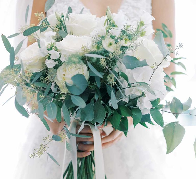 White rose and eucalyptus wedding bouquet 