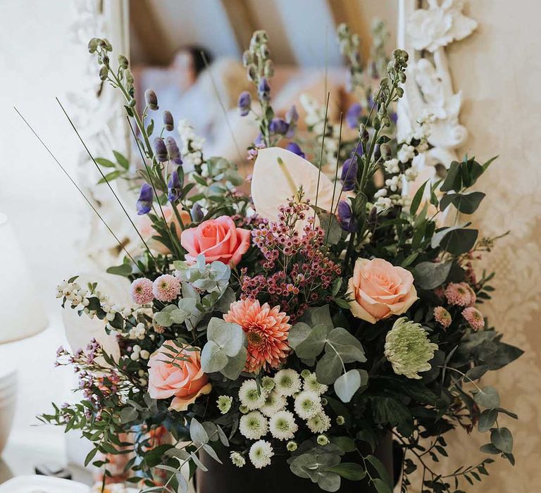 Neutral bouquet with pink garden roses, peonies, dahlias, dried flower, Persian buttercups and foliage 