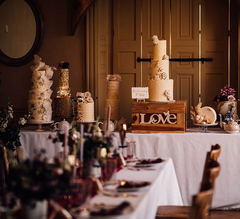 Nine wedding cakes handmade by the bride for an intimate micro wedding with just eight guests 