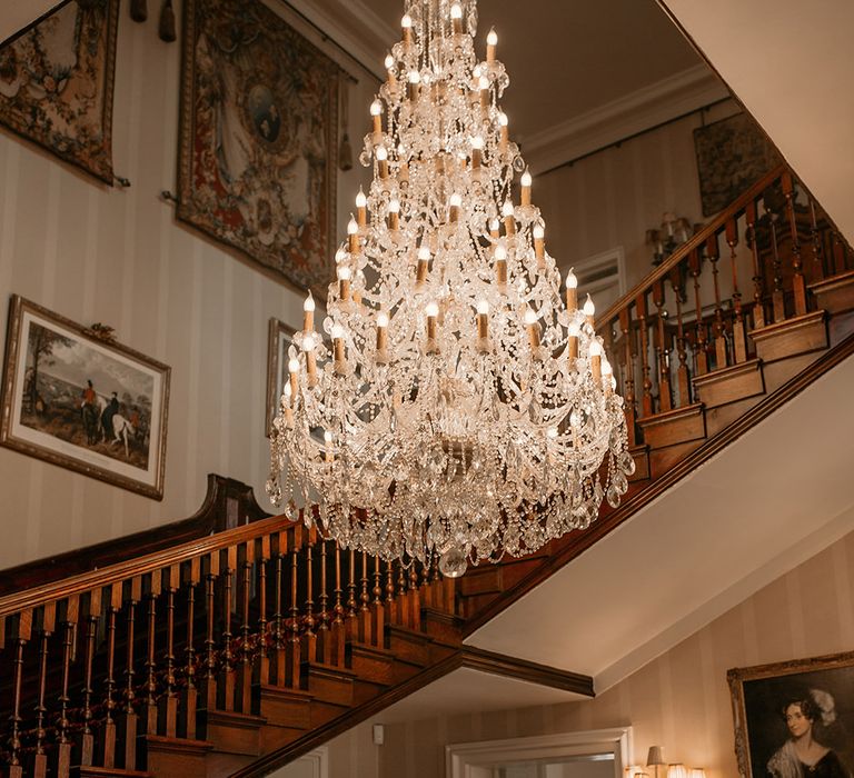 Stunning crystal chandelier at Hinwick House country house luxe wedding venue 