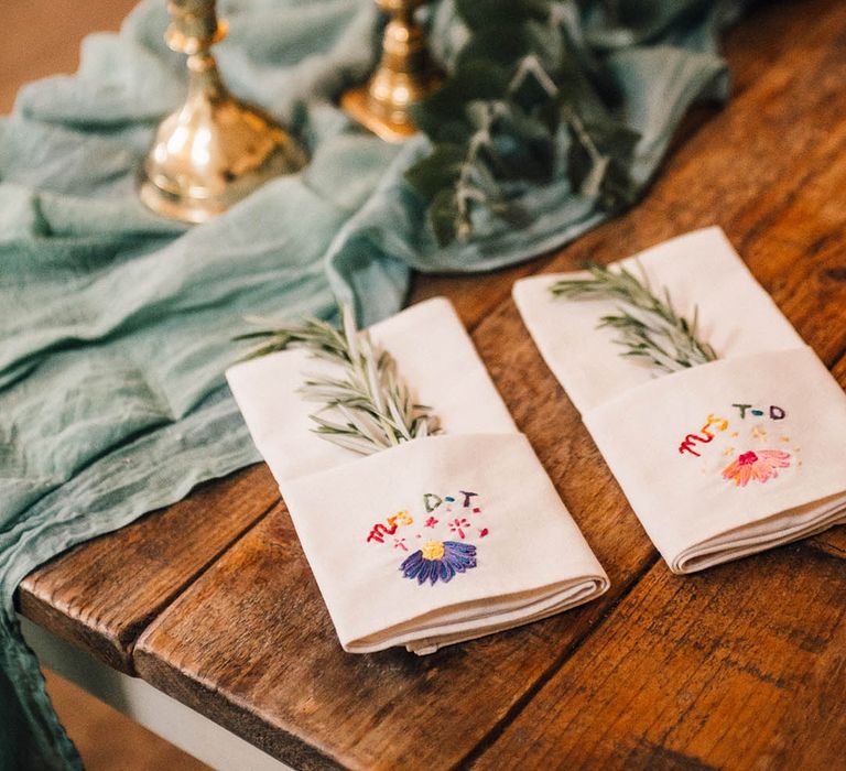 Rainbow embroidered wedding napkins and favours for the wedding breakfast 