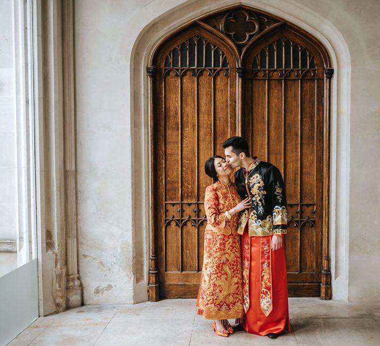 Cute couple portrait of the bride and groom on their wedding day 