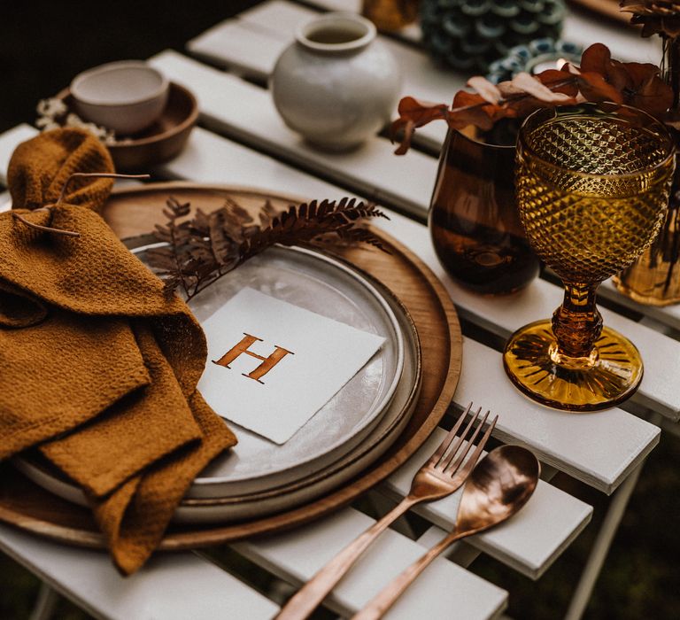 Rustic table setting in outdoor ceremony for Mallorca wedding