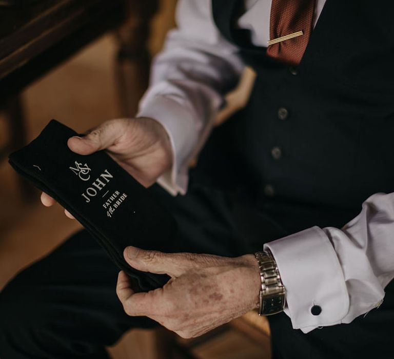 Personalised black and white socks for the father of the bride 