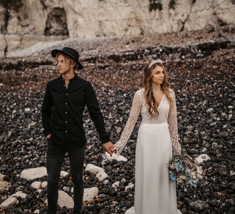 beachy boho wave and bridal crown for coastal elopement 