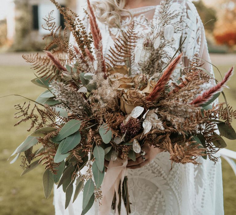 Pampas grass bouquet with dried flowers and eucalyptus leaf details