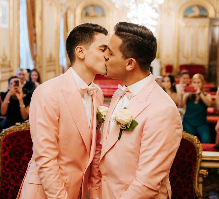 Two grooms in matching pink suits | Michael Maurer Wedding Photography