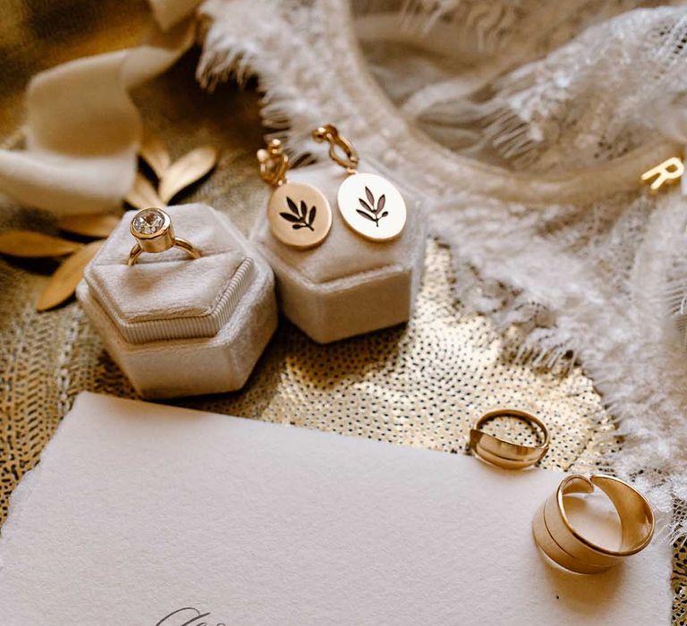 Custom made wedding ring and earrings made from recycled gold