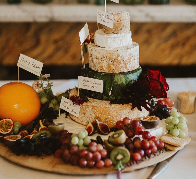 Cheese tower for grazing table on wedding day