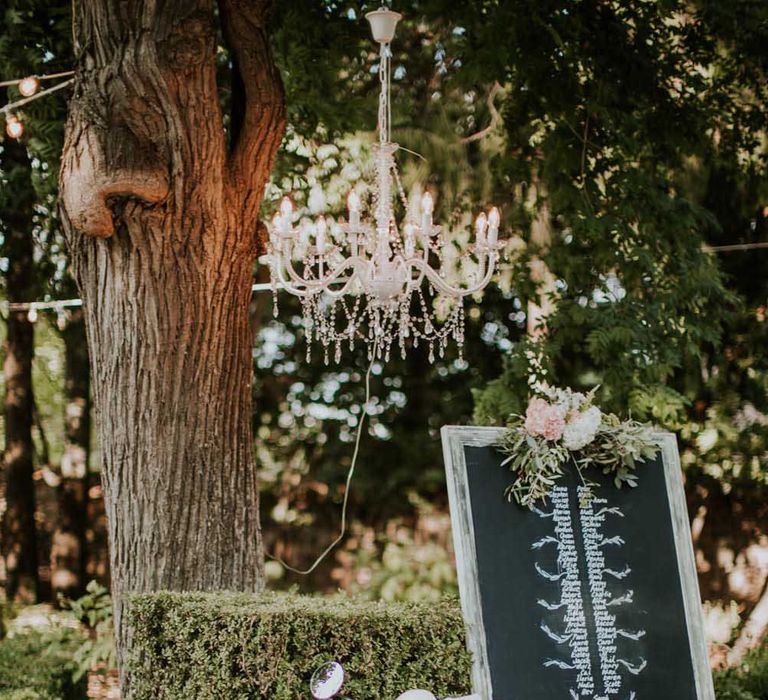 White vespa for wedding transport with chalkboard wedding signs 