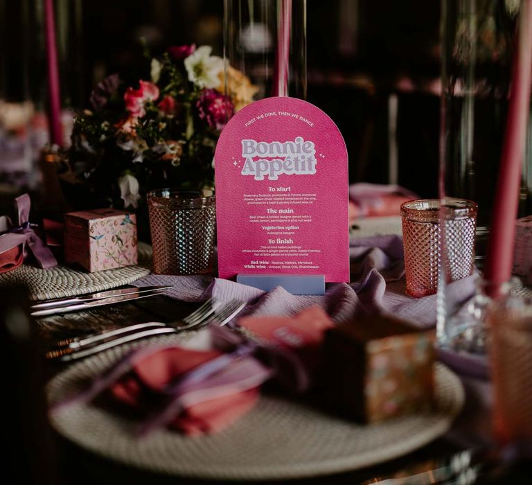 Hot pink retro wedding sign on rustic luxe wedding tablescape at Willow Marsh Farm Loughborough 