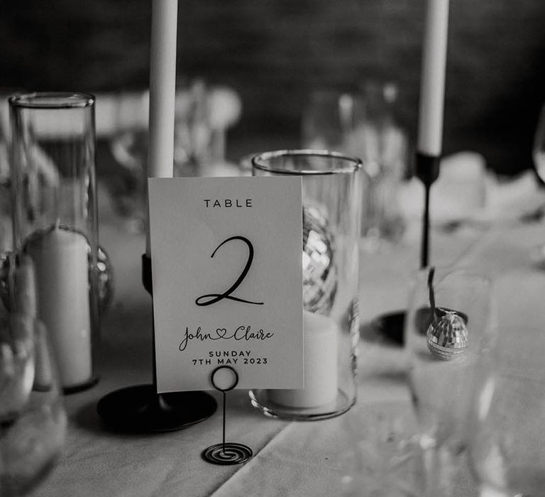 Black and white minimalist wedding table number sign for Larkspur Lodge wedding 