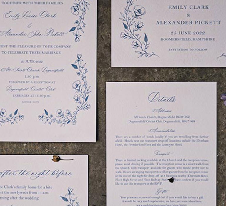 Elegant and classic blue and white wedding stationery 