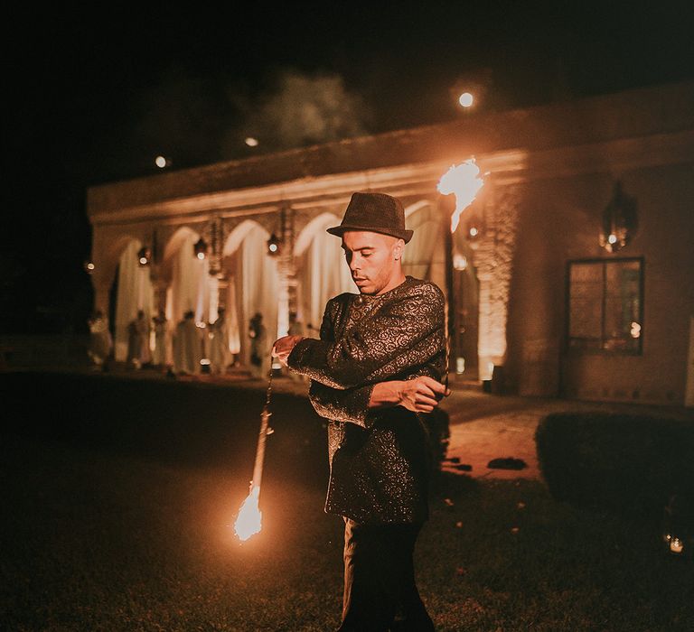 Flame thrower wedding entertainment at Marrakech wedding reception 