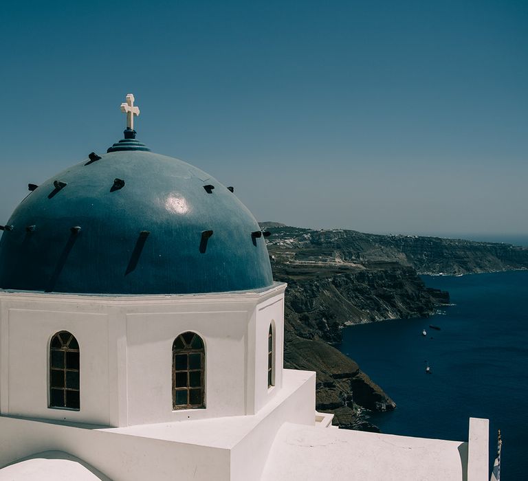 White building in Santorini against blue sky