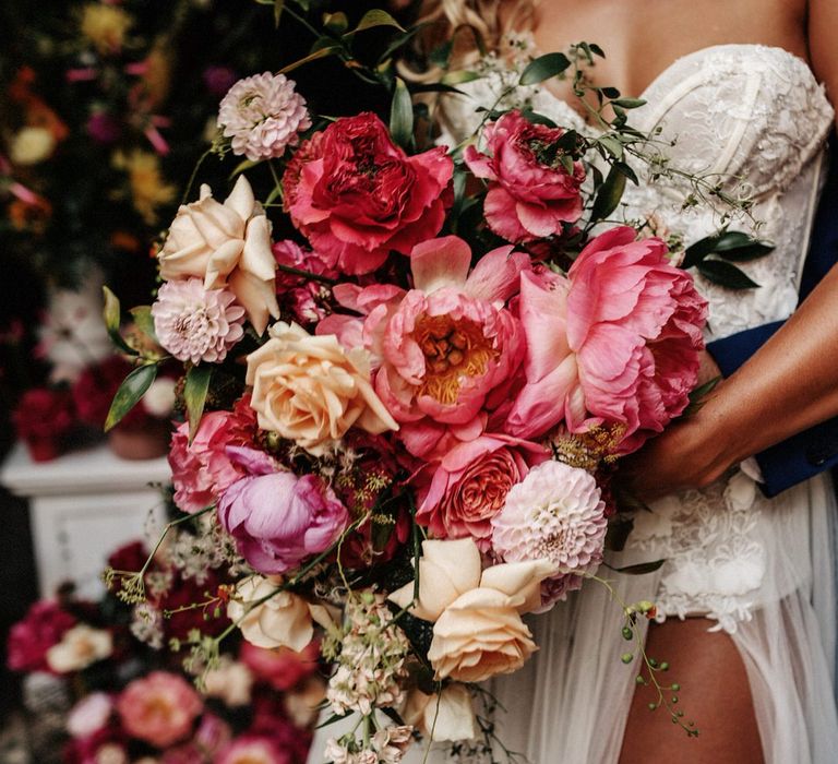 Hot pink and neutral bouquet of roses, dahlias and peonies