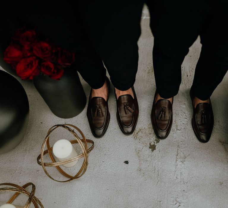 Matching black loafer shoes for grooms at New York rooftop wedding