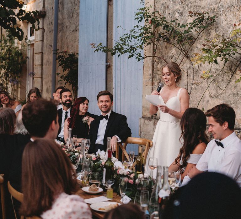 Brides speech during destination wedding reception in France 