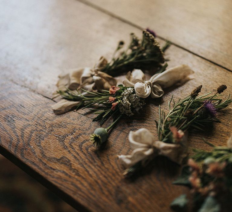 Sustainable wedding buttonholes made with locally sourced or hand grown flowers 