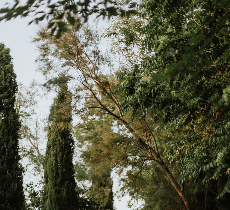 Bride and groom walk through greenery at italian destination wedding wearing white lace wedding dress, white floral structured bridal crown and greige suit