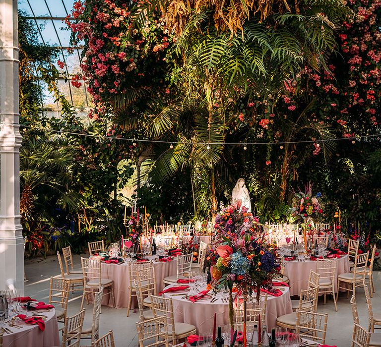 Sefton Park Palm House with colourful wedding decor and botanical flowers 