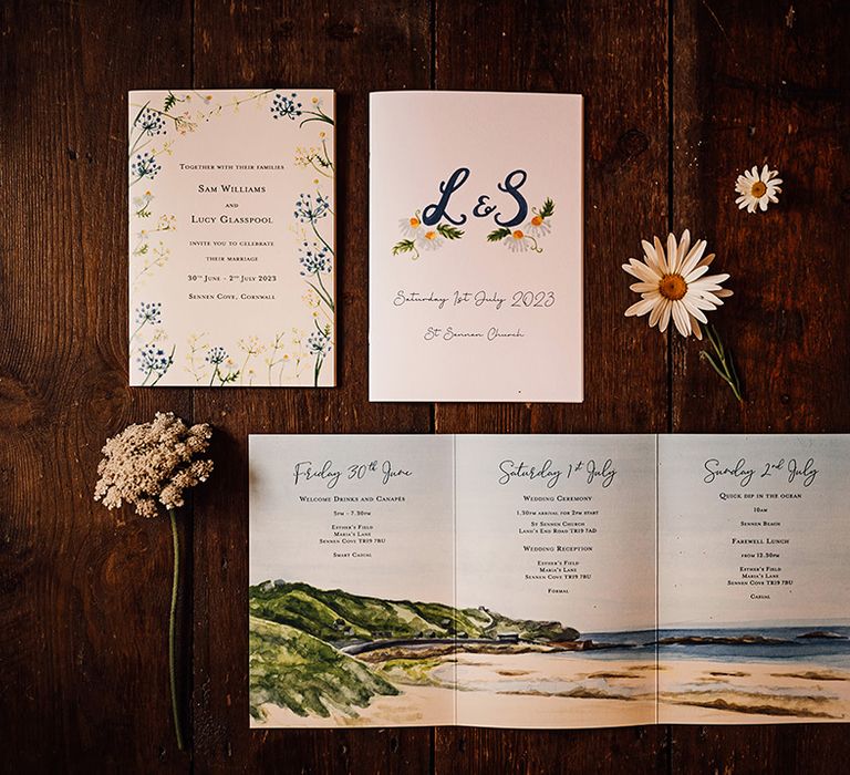 wedding invitation and stationery suite with Sennen Cove illustration 