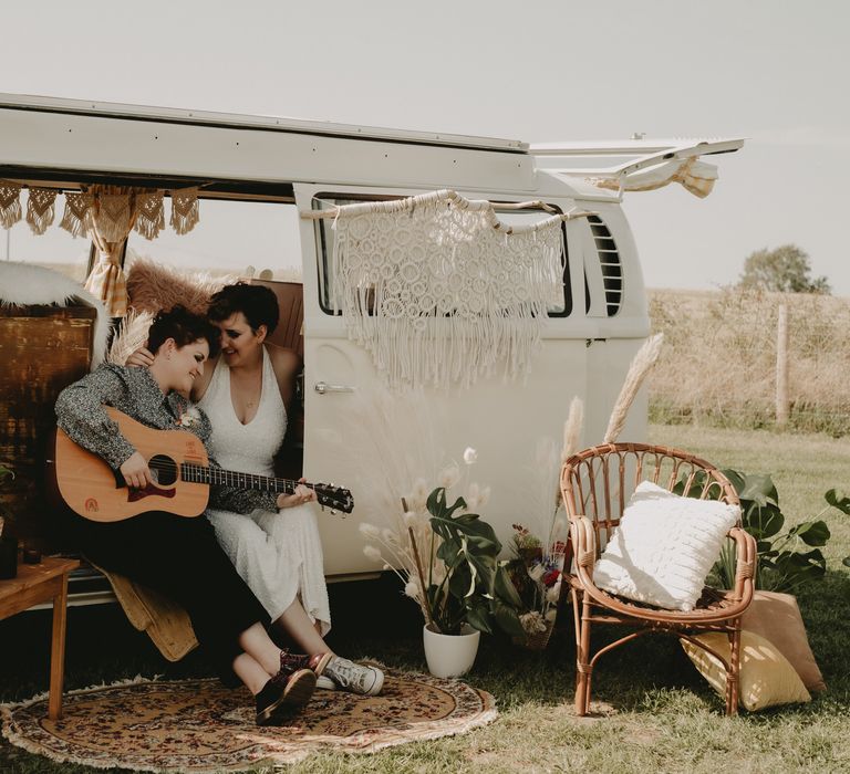 70s wedding inspiration with LGBT couple in a camper van 