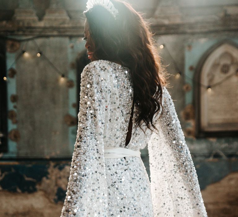 Bride in a silver sequin wedding dress