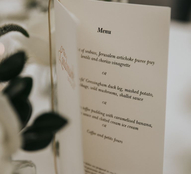 Menu on white stationery for The Landmark London wedding reception dinner