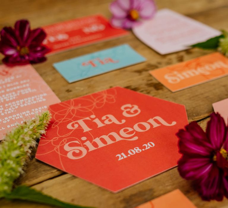 Contemporary wedding stationery designs with retro font by Sundown Paper 