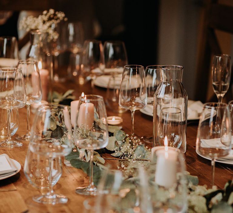 Eucalyptus and gypsophila wedding table runner decor 