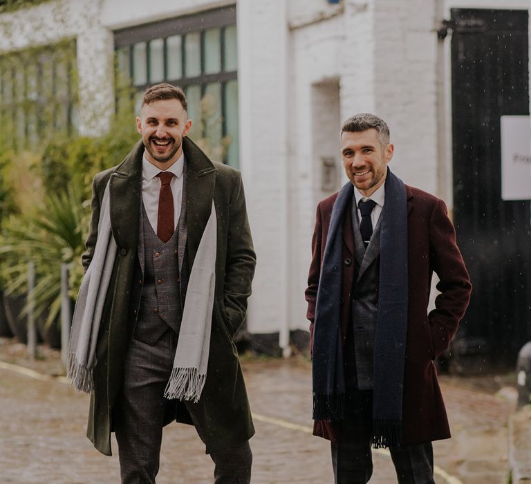 Grooms wear stylish suits in London for last minute wedding at the Old Marylebone Town Hall