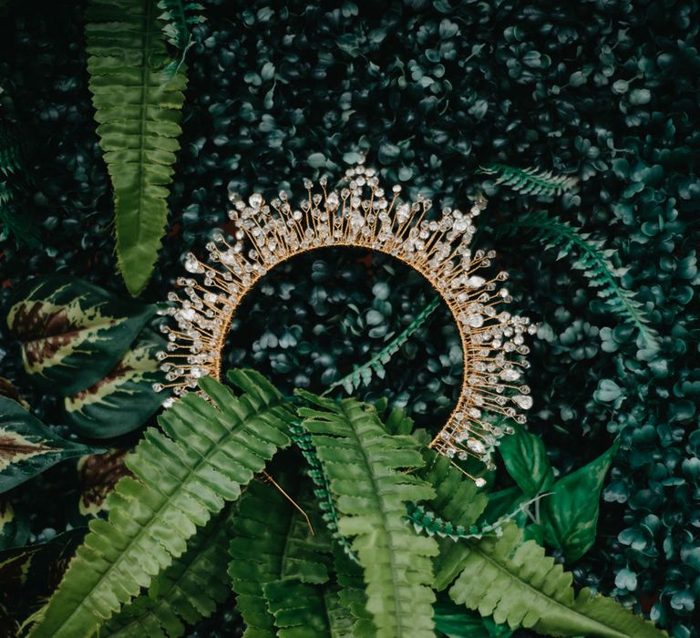 Bejewelled gold wedding headband in fern leaves for The Wellbeing Farm wedding in Lancashire