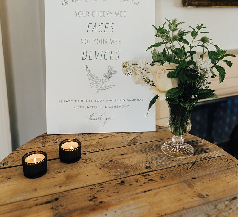 Unplugged wedding ceremony sign with thistle design 