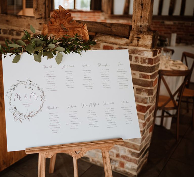 Simple and minimal wedding table plan with leaf design and decorative foliage 