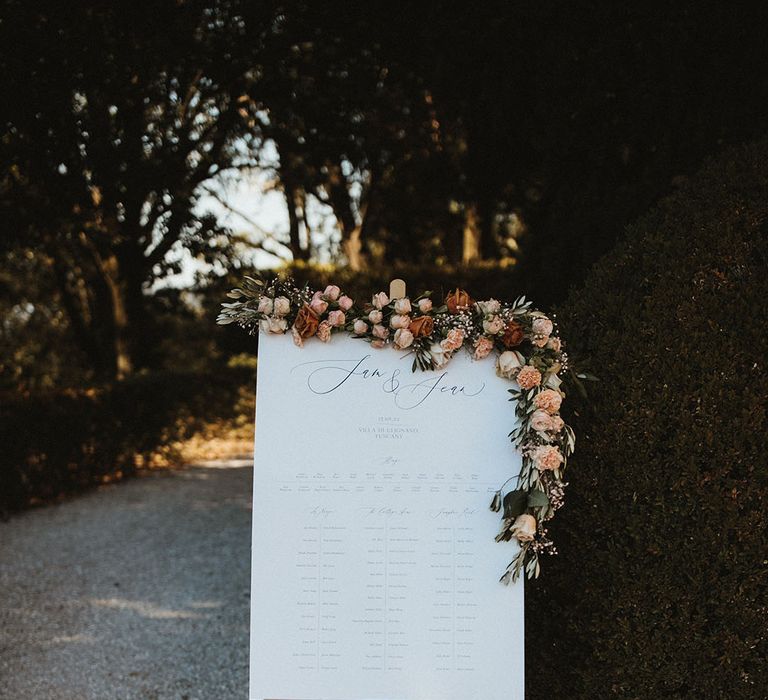 Classic wedding signage on wooden easel surrounded by floral decor 