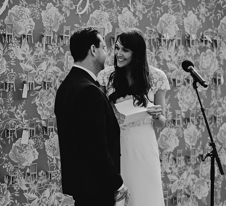 The bride and groom perform a joint wedding speech together 