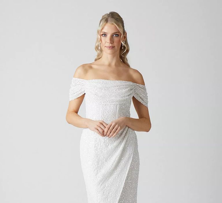 Bardot cap sleeve Coast wedding dress with draped skirt, lace material and sequins