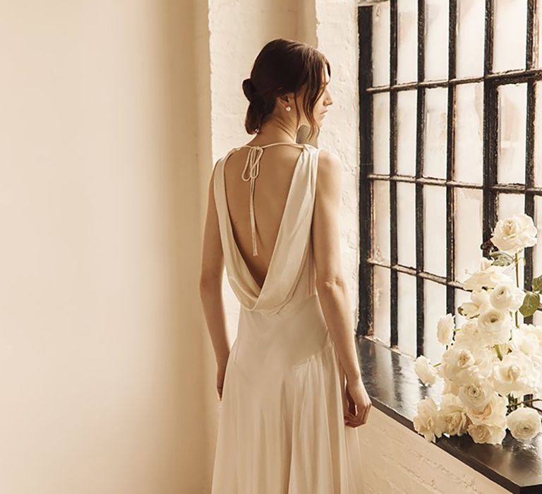 Ghost satin wedding dress with cowl neckline and deep back