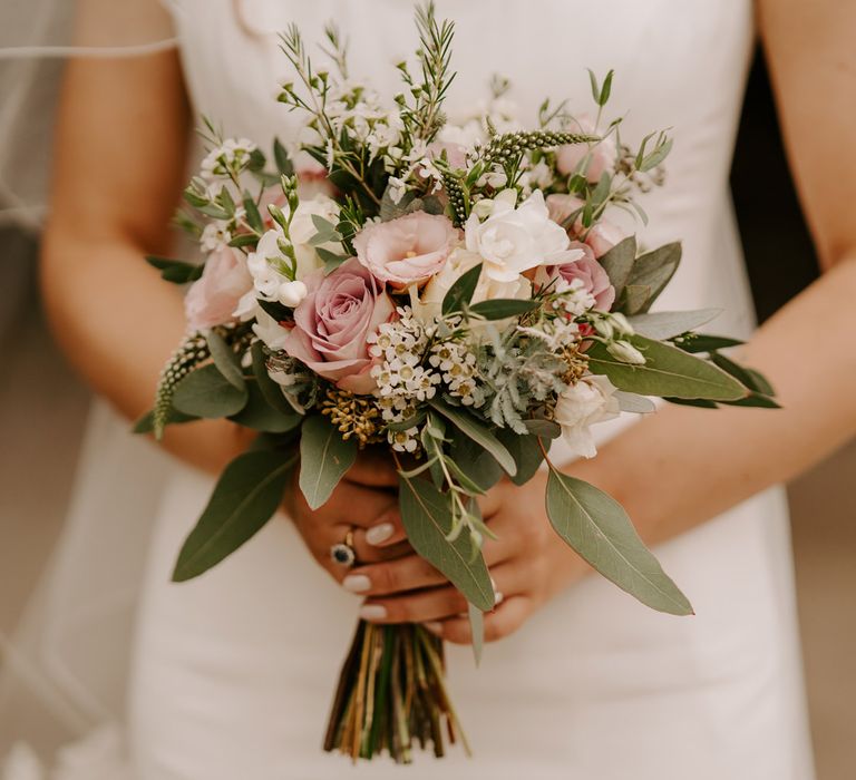 Pink and white bouquet with foliage