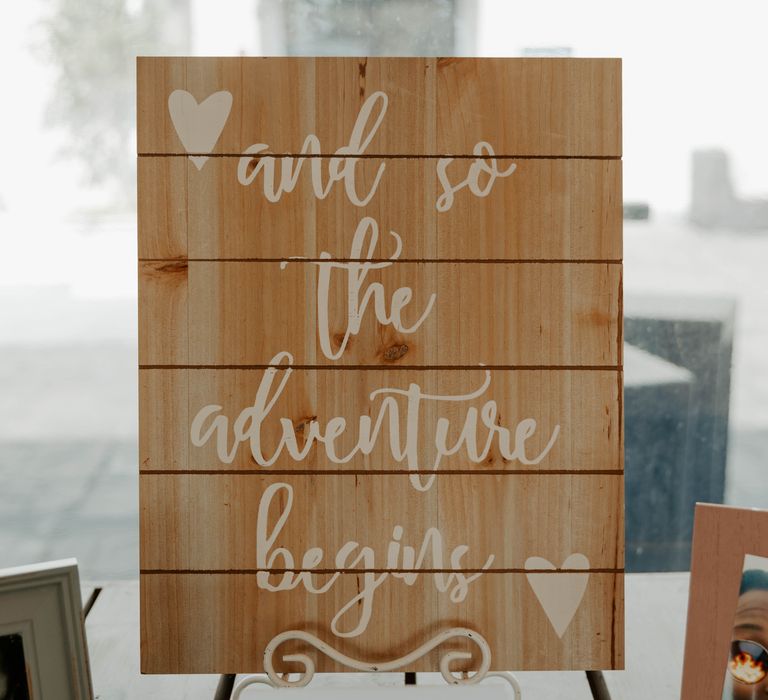 And So The Adventure Begins wooden wedding sign 