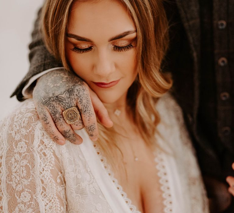 Bride in gold leaf wedding crown