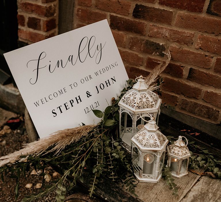 Wedding sign, lanterns and pampas grass wedding decor 