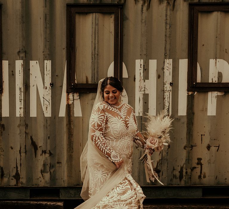 Boho bride in an Avril gown & Pebble wedding veil by Rue De Seine