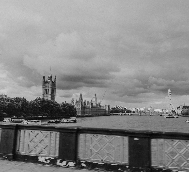 A view of central London with the London Eye and Houses of Parliament at stylish Somerset House wedding