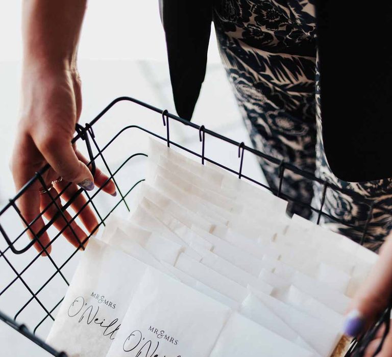 Personalised wedding confetti favours in small white sachets in black wire basket